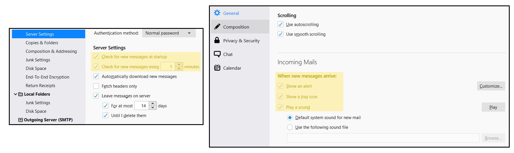 Thunderbird email settings tuned to maximum interruptions.  Don't do this!